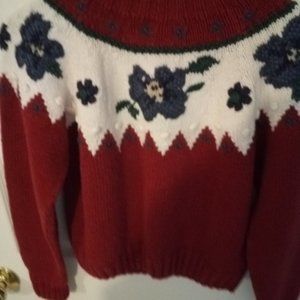 Girl's LARGE (14) Queenie & Winkle Heavy Winter Sweater Red Blue Floral Yoke